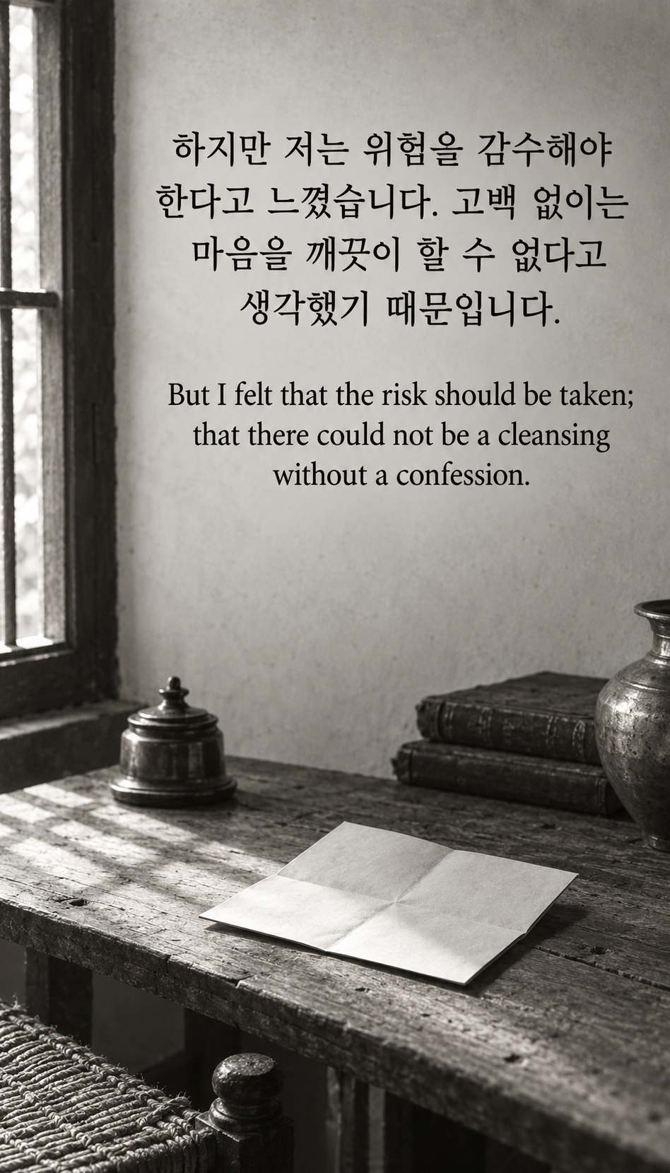 하지만 저는 위험을 감수해야 한다고 느꼈습니다. 고백 없이는 마음을 깨끗이 할 수 없다고 생각했기 때문입니다. &mdash; 나무판에 놓인 접은 편지, 간디 시대의 흑백 기록 사진풍