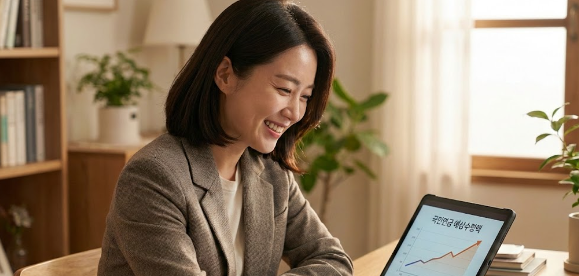 국민연금 가입자가 밝게 웃으며 미래를 설계하는 모습