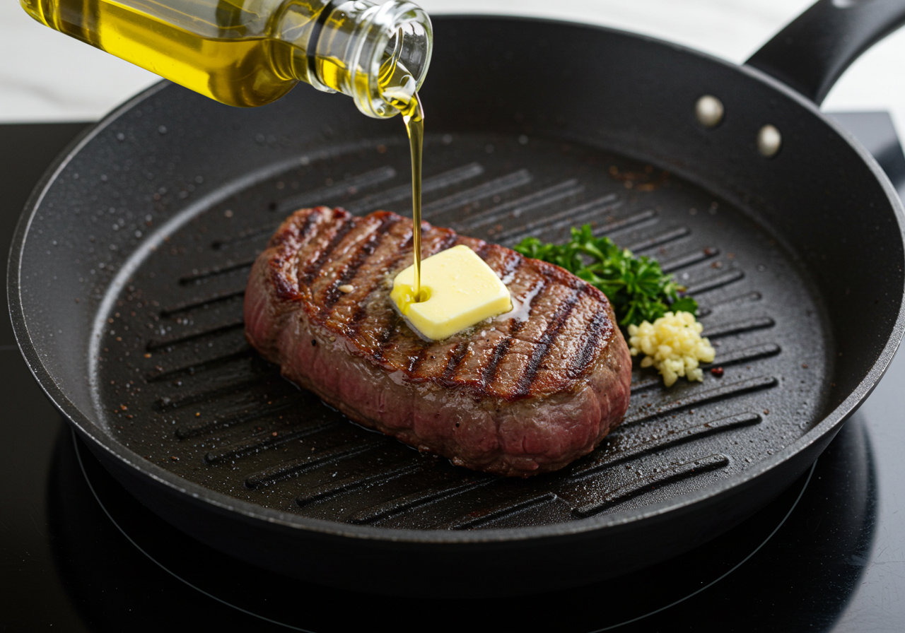 소고기 스테이크와 올리브 오일 갈릭버터