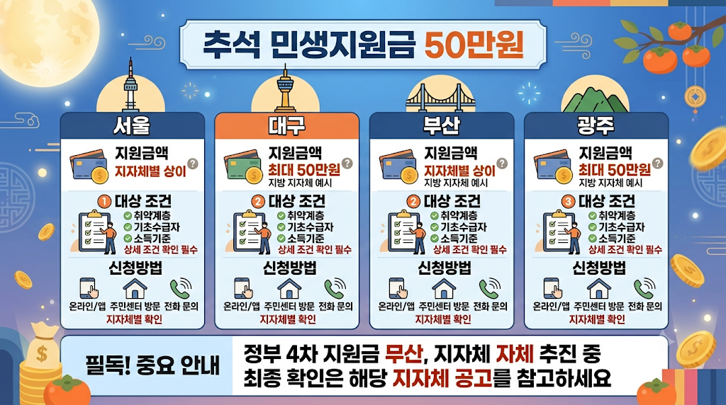 추석 민생지원금 50만원 지자체별(서울,대구,부산,광주) 지원금액은? 지원금 대상 조건과 신청방법