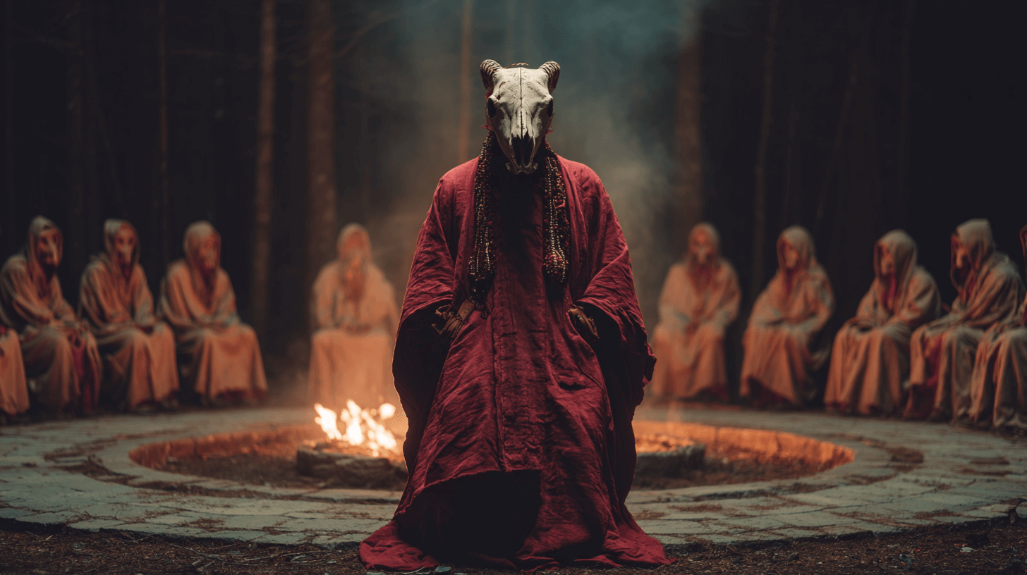 가면을-쓰고-있는-신도들과-중심에-있는-지도자