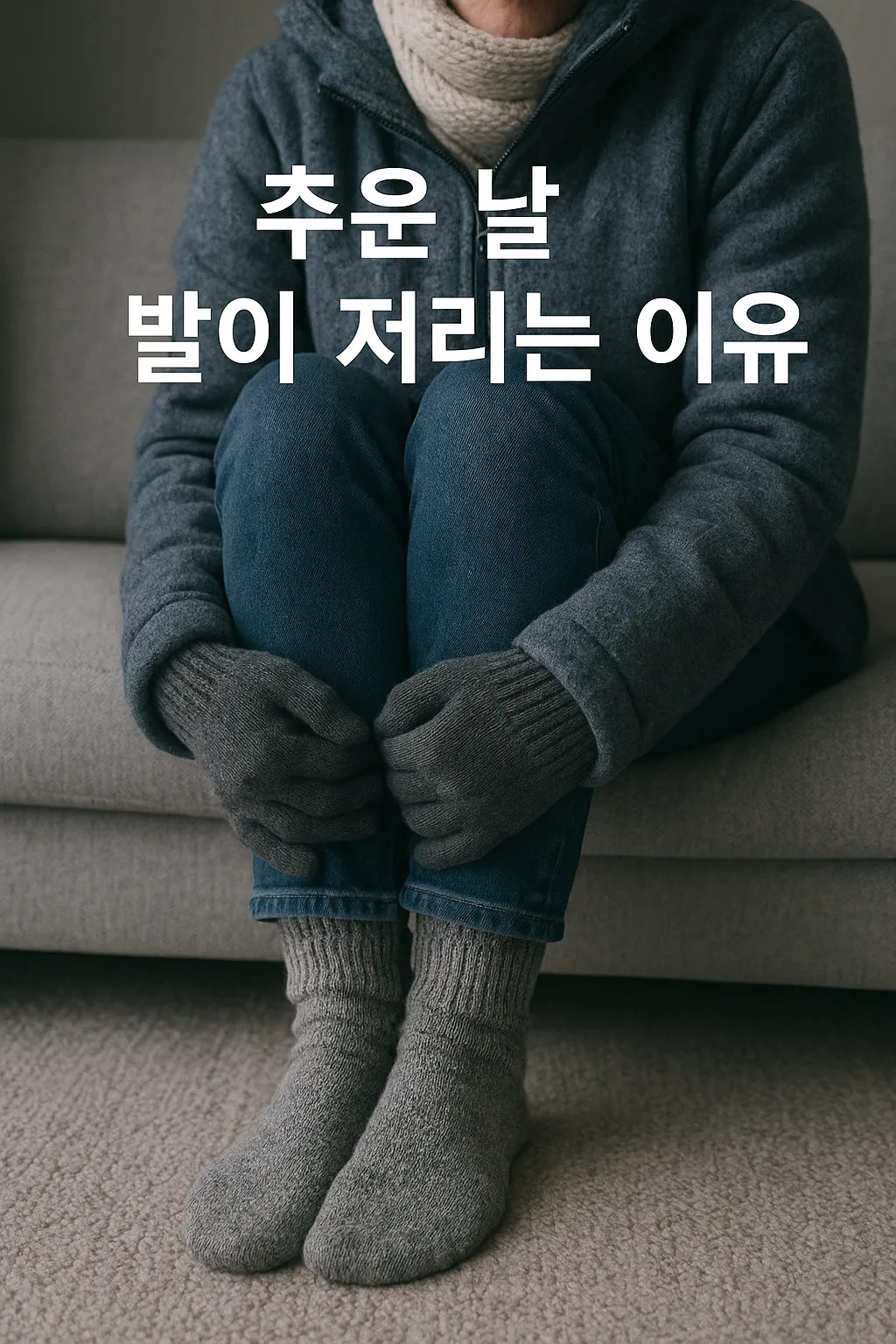 추운 날 회색 양말을 신은 사람이 소파에 앉아 무릎을 감싸며 발이 저린 듯 움츠리고 있는 모습