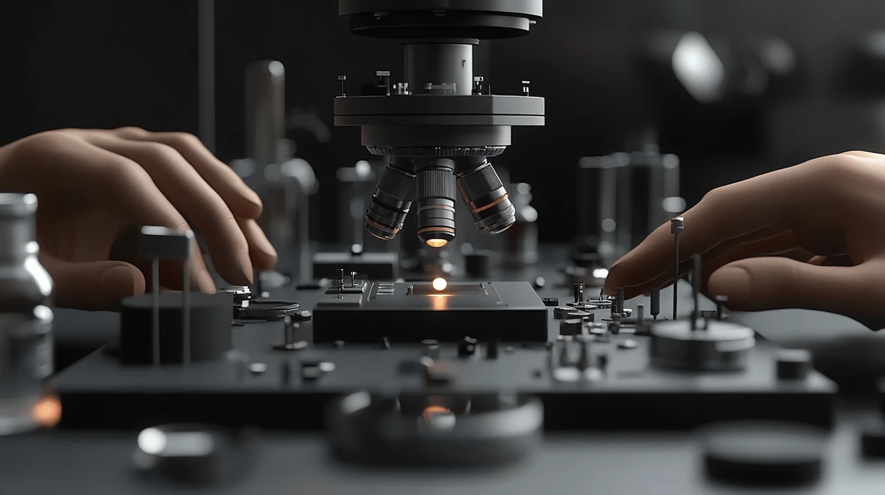 정교한 현미경 아래에서 리튬 이온 배터리를 세밀하게 검수하는 장면이 배터리 산업의 연구 개발 과정을 뒷받침합니다.