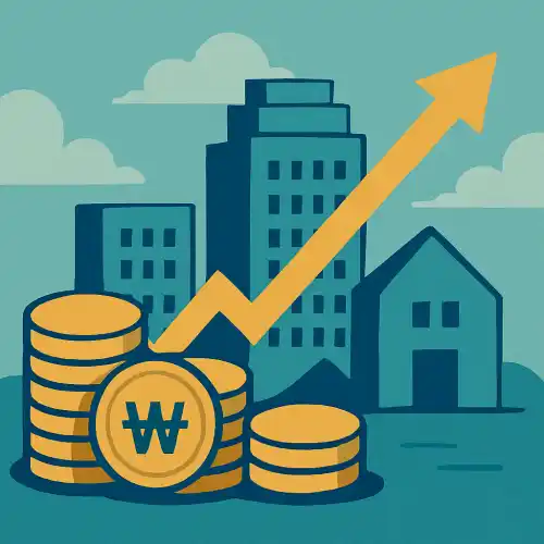 고층 빌딩과 주택 앞에 쌓인 동전들과 상승하는 화살표가 있는 부동산 투자를 상징하는 그림