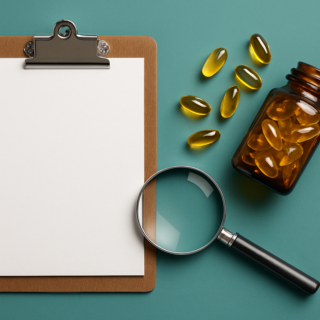 오메가3 라벨 확인을 상징하는 클립보드와 캡슐, 확대경이 있는 상단샷