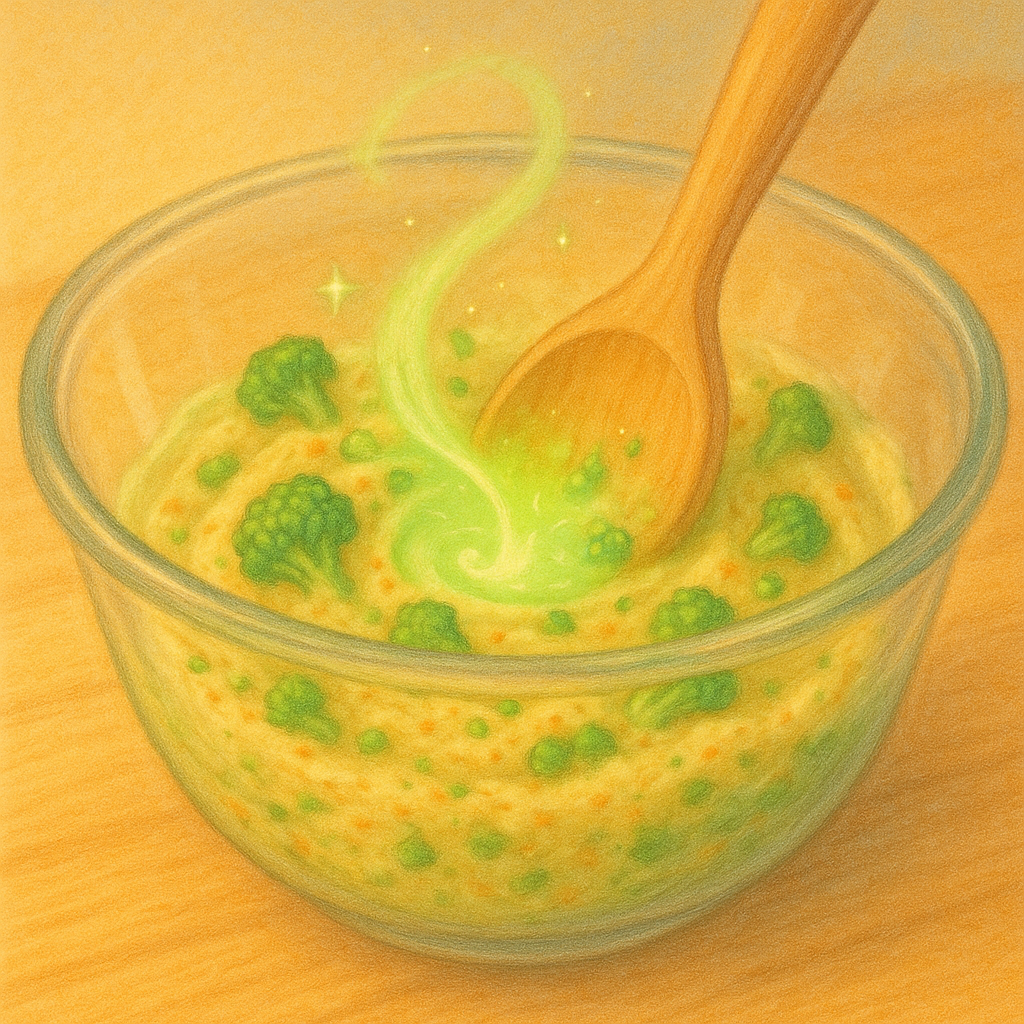 투명한 유리 그릇 안에서 브로콜리 머핀 재료들이 마법처럼 섞이며 녹색 빛이 뿜어져 나오는 파스텔톤 일러스트