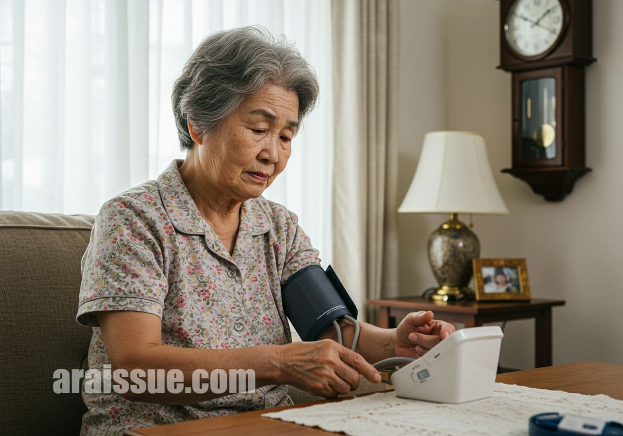 한국 노년 여성이 가정에서 혈압을 측정하고있고, 벽에는 벽시계가 있습니다. 재택에서 이뤄지는 만성질환의 시간 중심 관리 개념을 상징합니다.