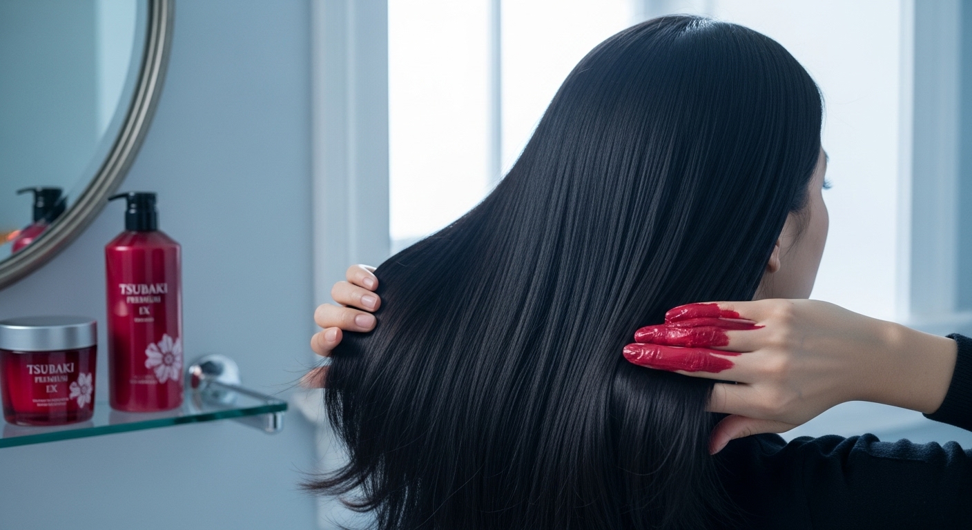 츠바키 프리미엄 EX 마스크로 윤기 있고 건강하게 관리된 머릿결을 가진 사람이 욕실에서 차분하게 헤어 케어를 하는 모습