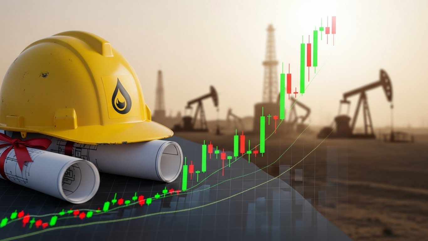 상승하는 주식 그래프 위에 안전모와 설계도면이 놓여 있는 이미지. 배경에는 중동의 사막과 유정탑이 희미하게 보임.