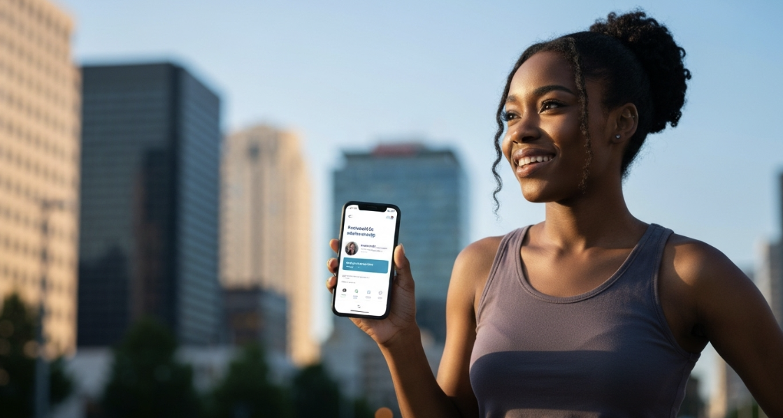 은행 앱으로 청년도약계좌를 신청하고 미래를 밝게 바라보는 청년의 모습