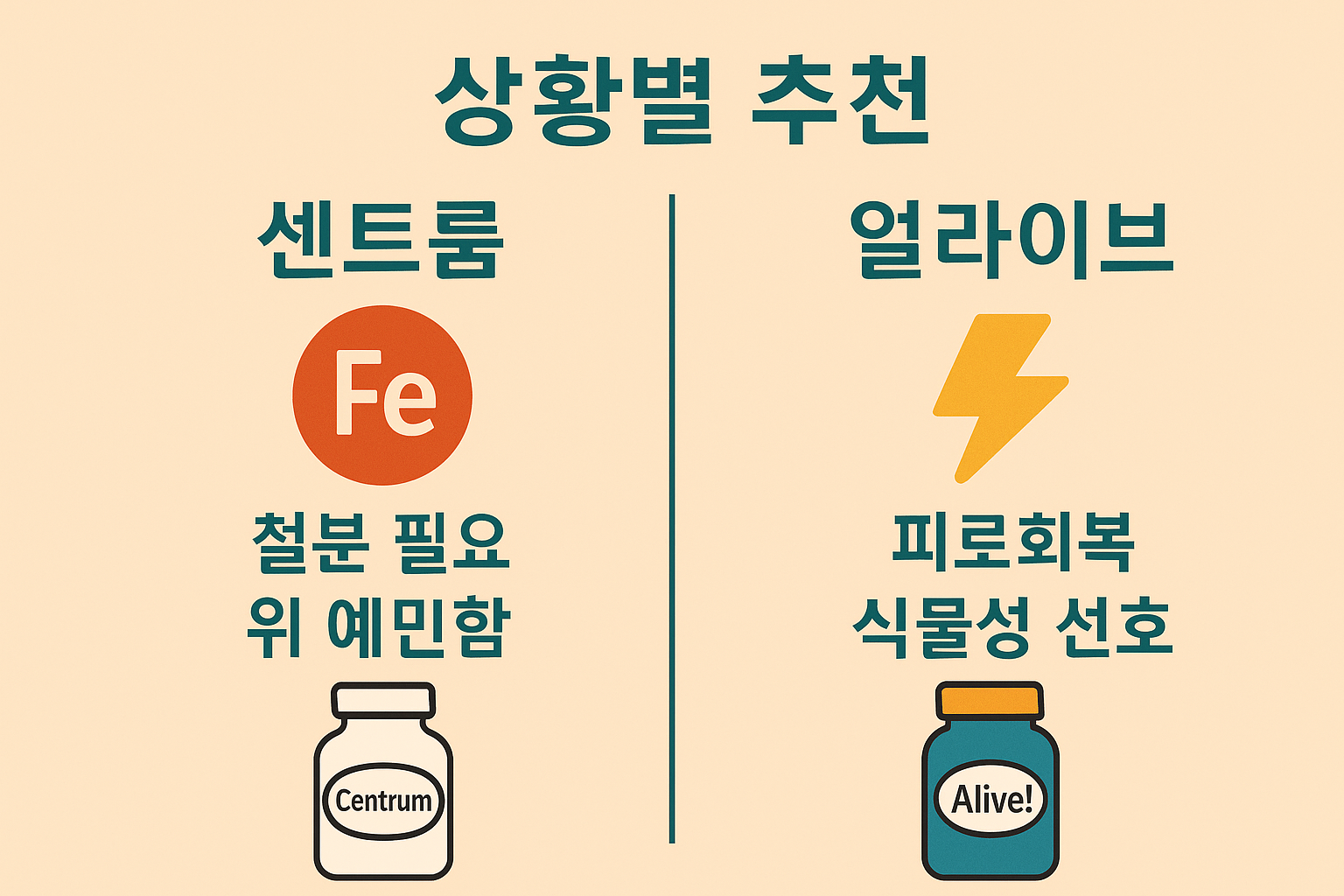 철분 보충이 필요한 경우 센트룸, 피로회복과 식물성 선호 시 얼라이브를 추천하는 상황별 선택 가이드 인포그래픽