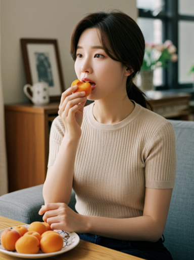 살구를 맛있게 먹는 한국인 여성