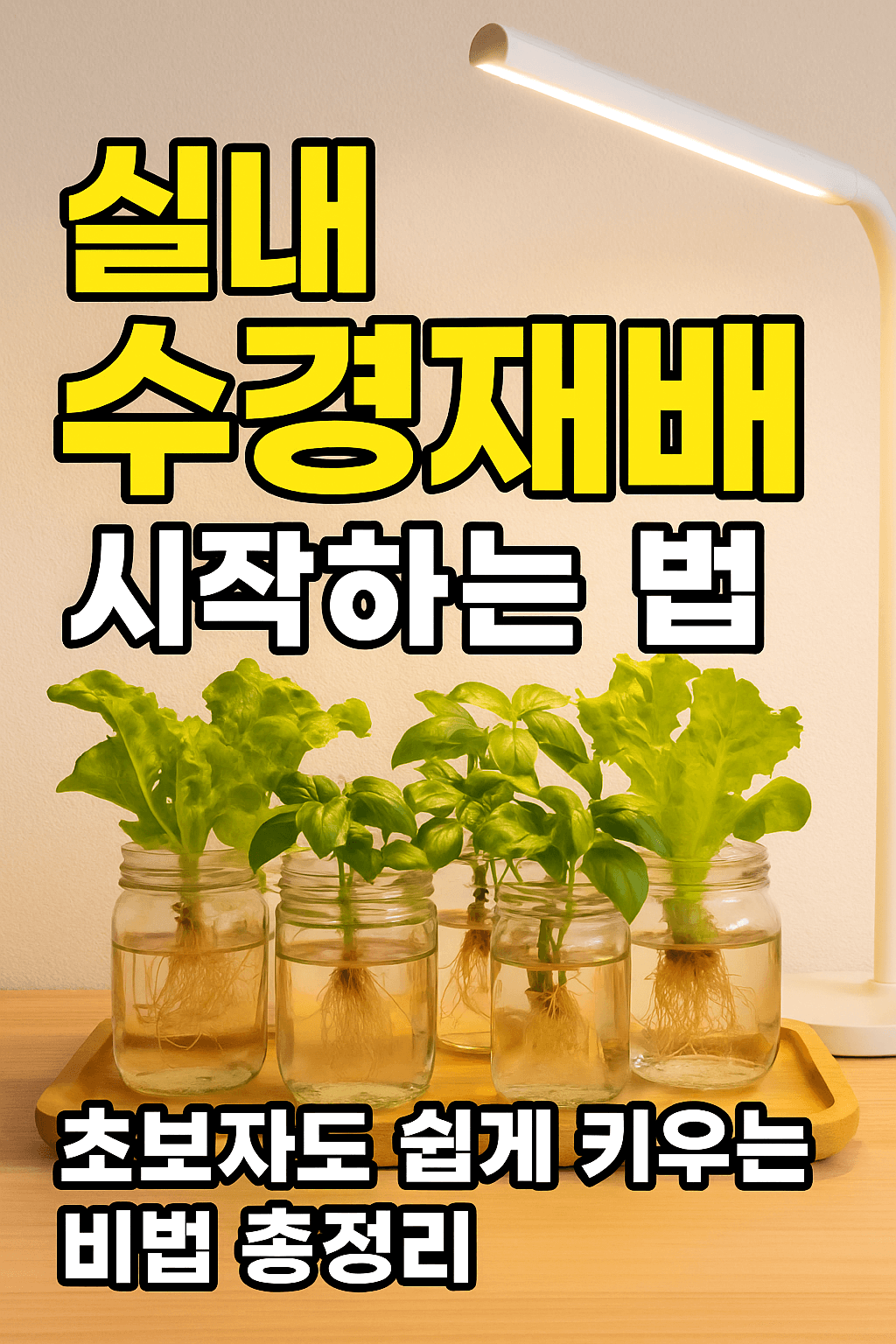 “실내 수경재배 시작 가이드 – 초보자도 쉽게 따라하는 친환경 원예법”
유리병과 식물이 어우러진 감성적인 실내 장면을 배경으로, 깔끔한 폰트로 제목이 중앙에 배치된 썸네일 이미지.