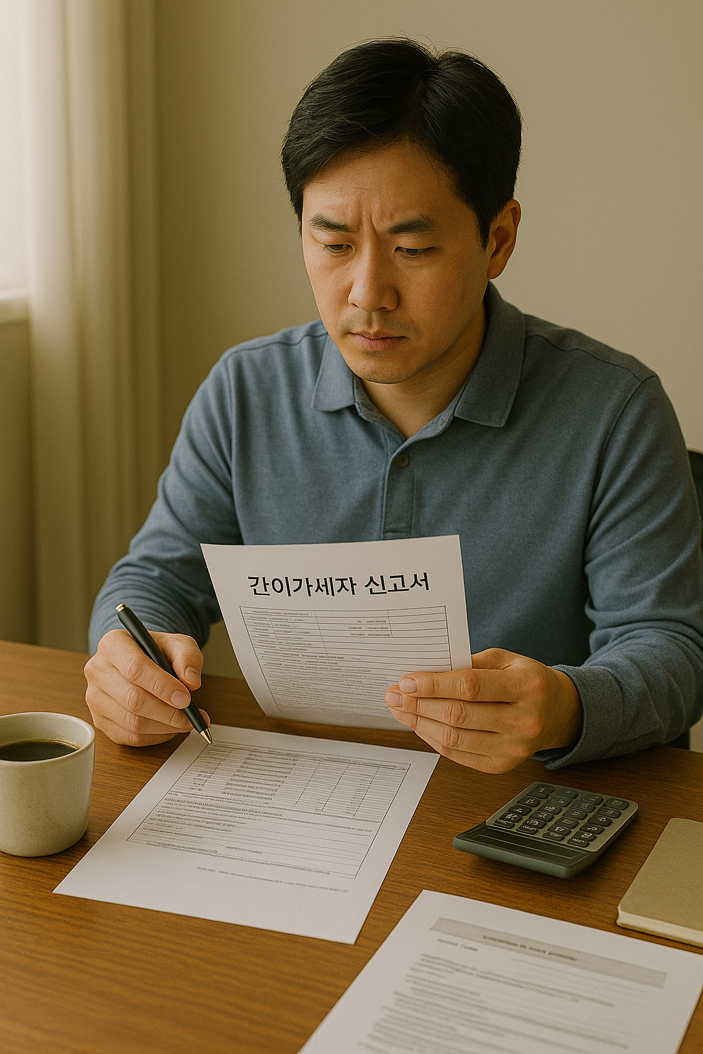 1인 사업자가 간이과세자 신고서를 검토하며 절세 전략을 계획 중인 사무실 장면