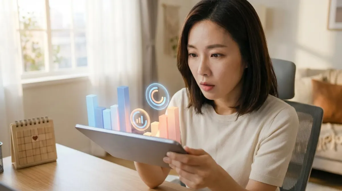 2026년 인상된 육아휴직 급여 상한액과 혜택 변화를 태블릿으로 진지하게 분석하며 확인하는 직장인 부모의 모습