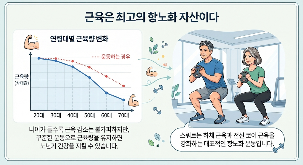 연령대별 근육량 변화 그래프와 함께 스쿼트 운동을 하는 중년 남녀.