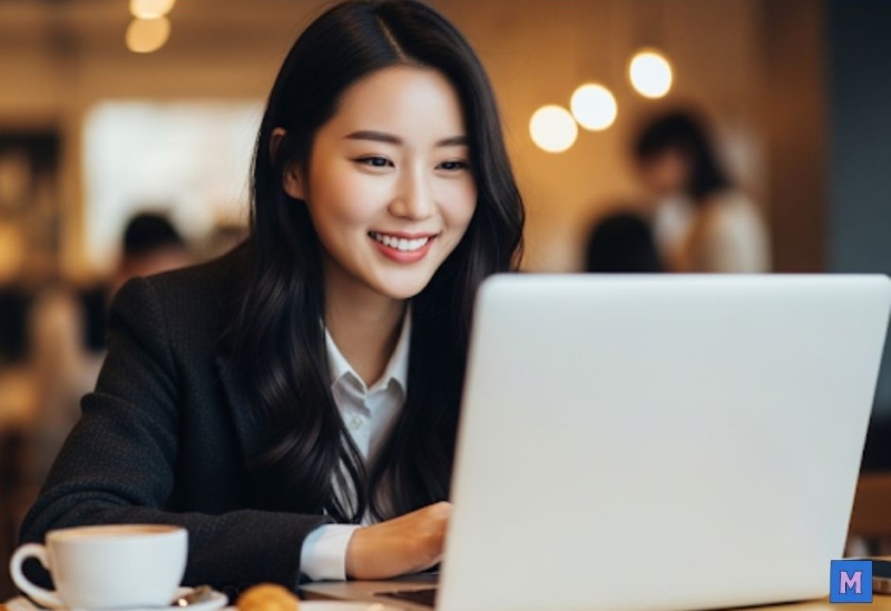 소상공인 정책자금 신청을 위해 노트북으로 서류를 작성하며 밝게 미소짓는 젊은 여성 사업자 via canva