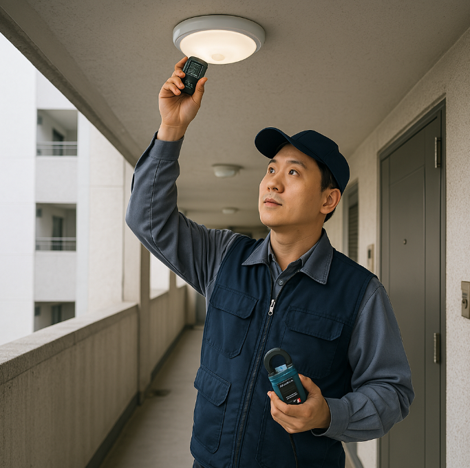 복도 센서등을 점검 중인 관리 직원의 모습