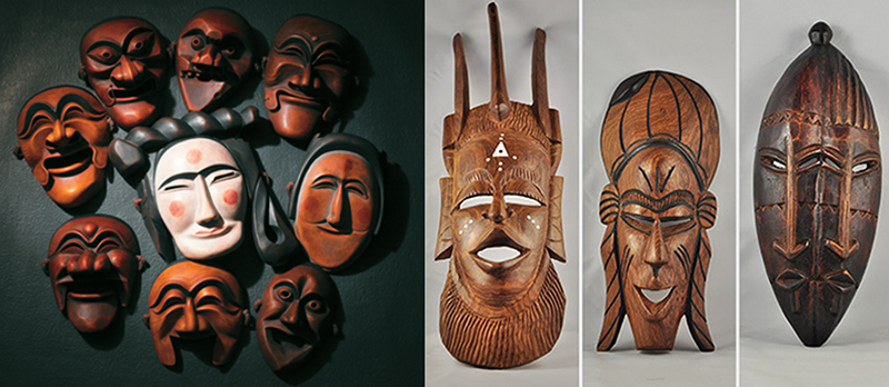 왼쪽 사진은 양반탈, 각시탈 등 8 개의 안동 하회탈이 둥근모양으로 펼쳐져 있음. 오른쪽 사진은 3 개의 원시 아프리카 탈이 전시되어 있음.