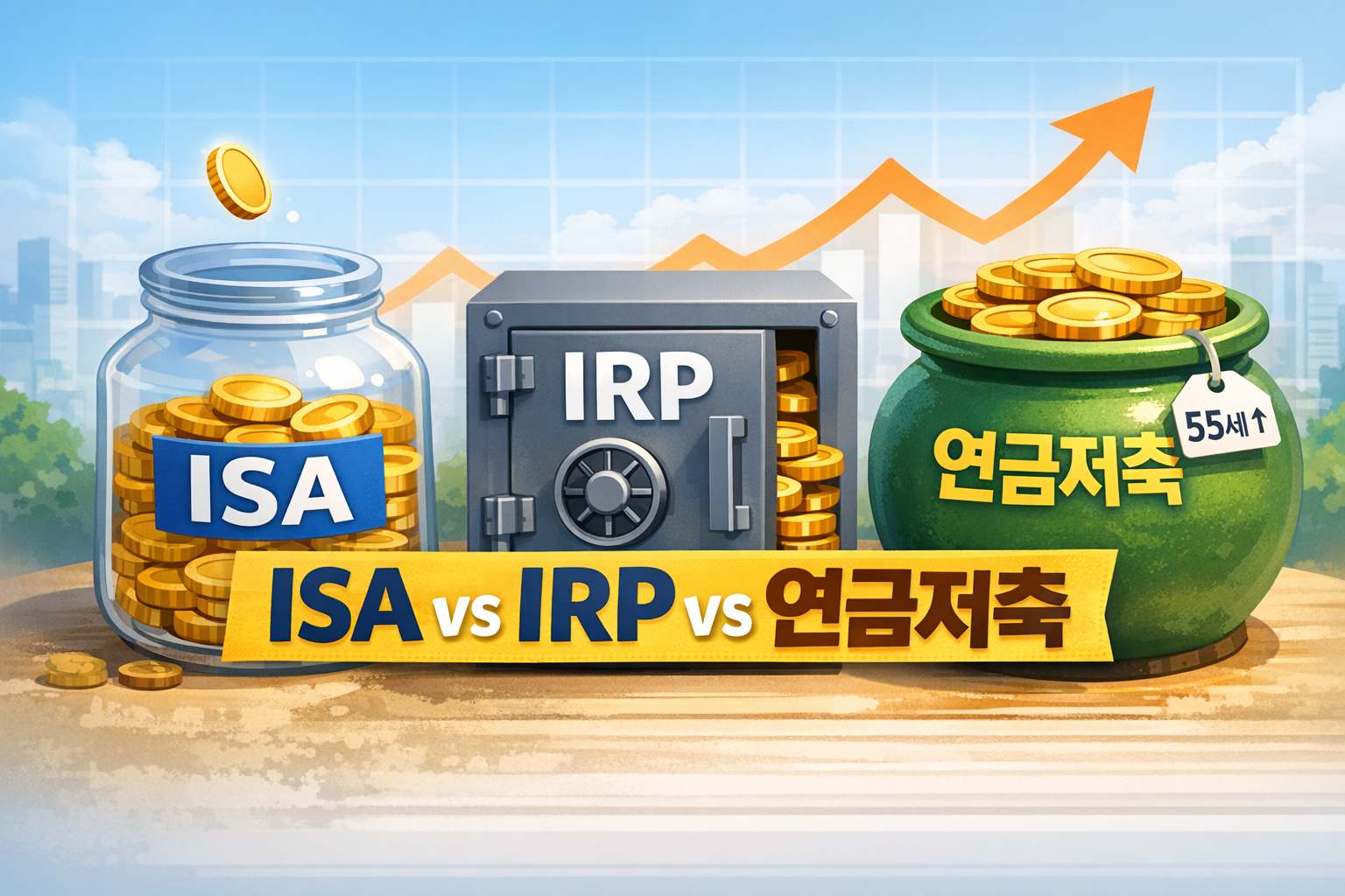 동전이 담긴 ISA 유리병, IRP 금고, 연금저축 항아리를 배치해 ISA vs IRP vs 연금저축 비교를 표현한 경제 콘텐츠 썸네일 이미지