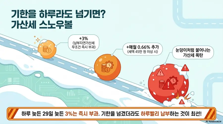 자동차세 납부방법: 자동차세 미납 시 가산세가 눈덩이처럼 불어나는 과정을 시각화한 인포그래픽. 납부 기한을 넘기면 즉시 3% 납부지연가산세가 부과되고 세액 45만 원 이상일 경우 매월 0.66%씩 추가 가산세가 쌓인다는 내용을 스노우볼 형태의 단계별 그래픽으로 표현한 이미지. 하루 늦든 29일 늦든 3%는 즉시 부과되므로 기한을 넘겼더라도 하루빨리 납부하는 것이 최선이라는 안내가 포함됨