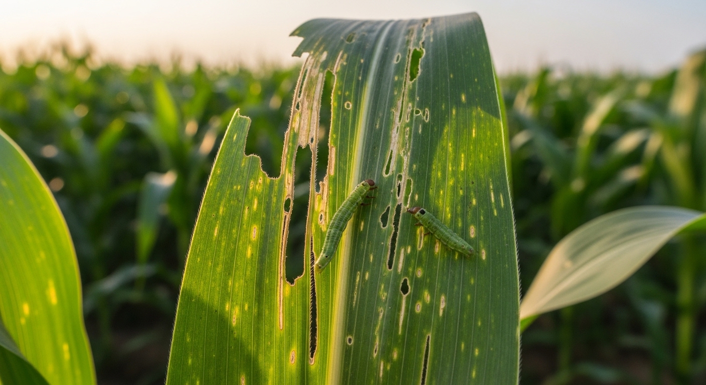 열대거세미나방 유충으로 인해 갉아 먹힌 옥수수 잎의 클로즈업. 새로운 외래 해충으로 인한 농작물 피해의 심각성을 보여줍니다.