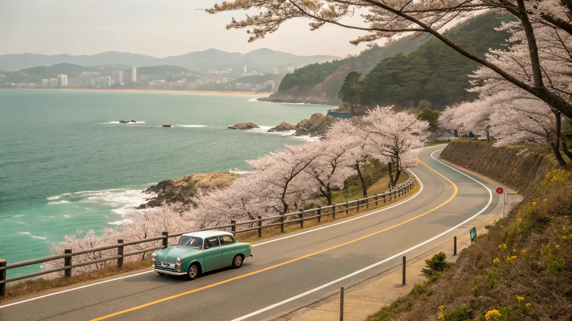 Coastal drive in Gijang Busan, emerald blue ocean view with cherry blossoms along the road, cinematic scene at Jukseong Dream Film Set