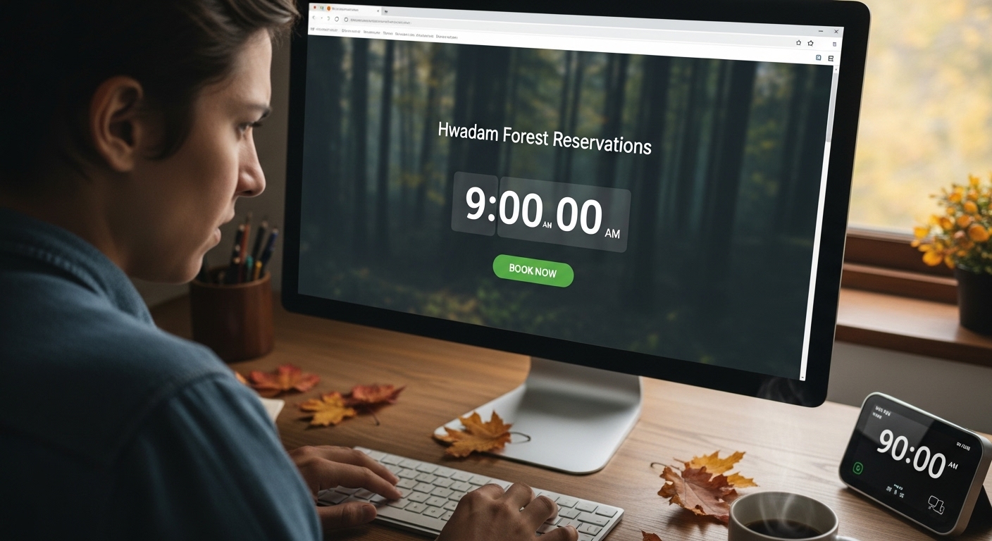 단풍으로 물든 화담숲을 가로지르는 모노레일 선로, 평화롭고 아름다운 가을 풍경
