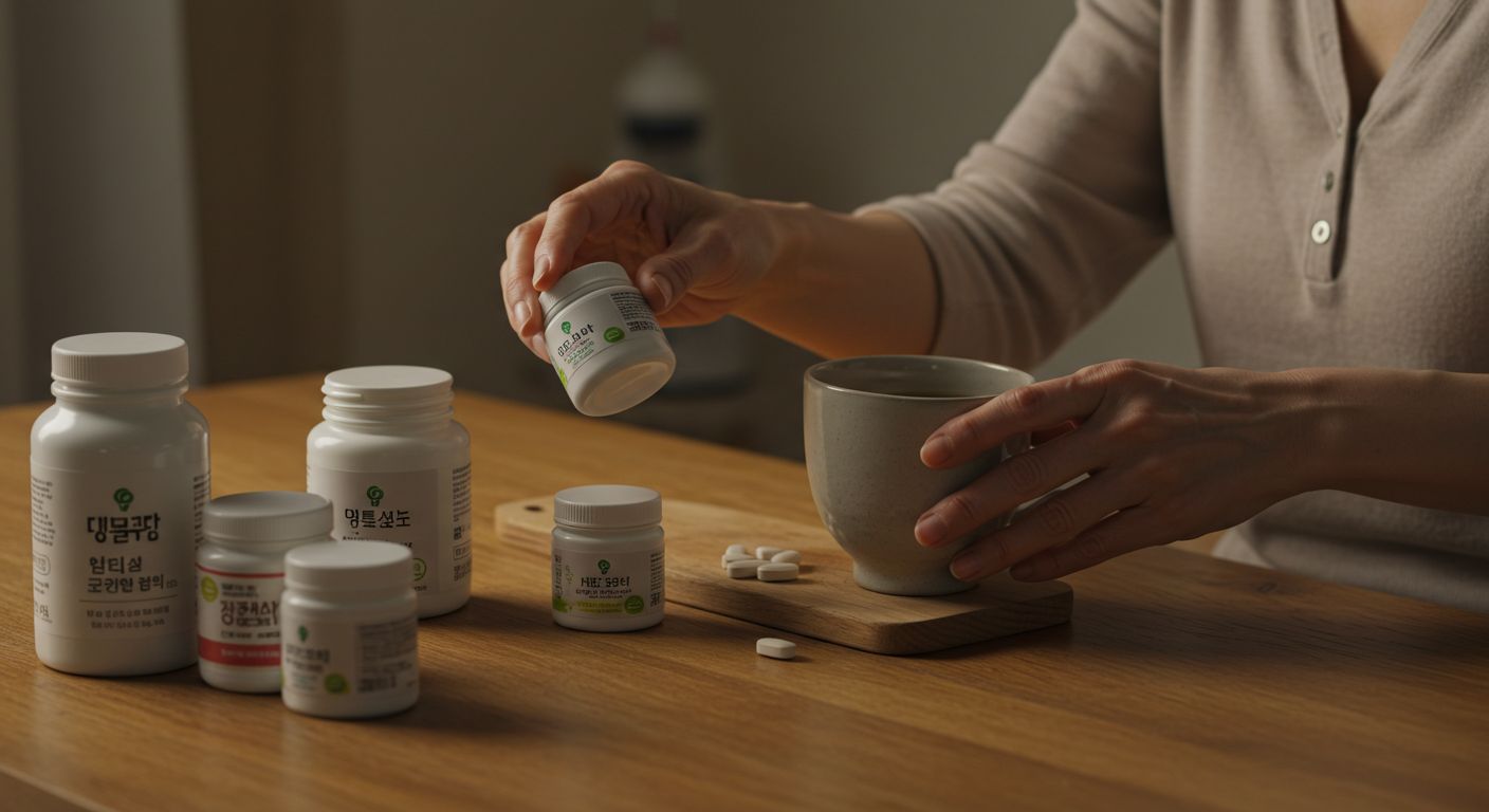 부드러운 조명 아래 영양제와 차를 준비하는 손동작