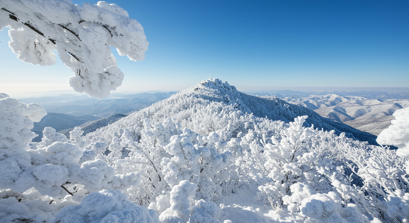 태백산에 눈꽃(상고대)이 활짝 핀 겨울 풍경의 항공 사진