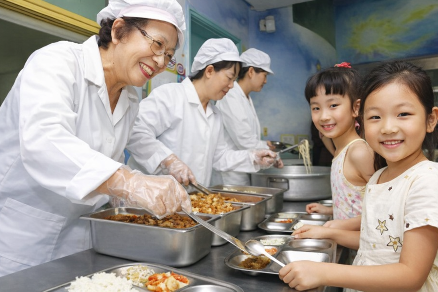 이미지 출처: AI 생성 이미지(콘텐츠 이해를 돕기 위한 시각 자료, 실제 인물을 특정하지 않은 AI 생성 이미지)
아이들과 함께하는 급식 현장의 한식조리사 모습