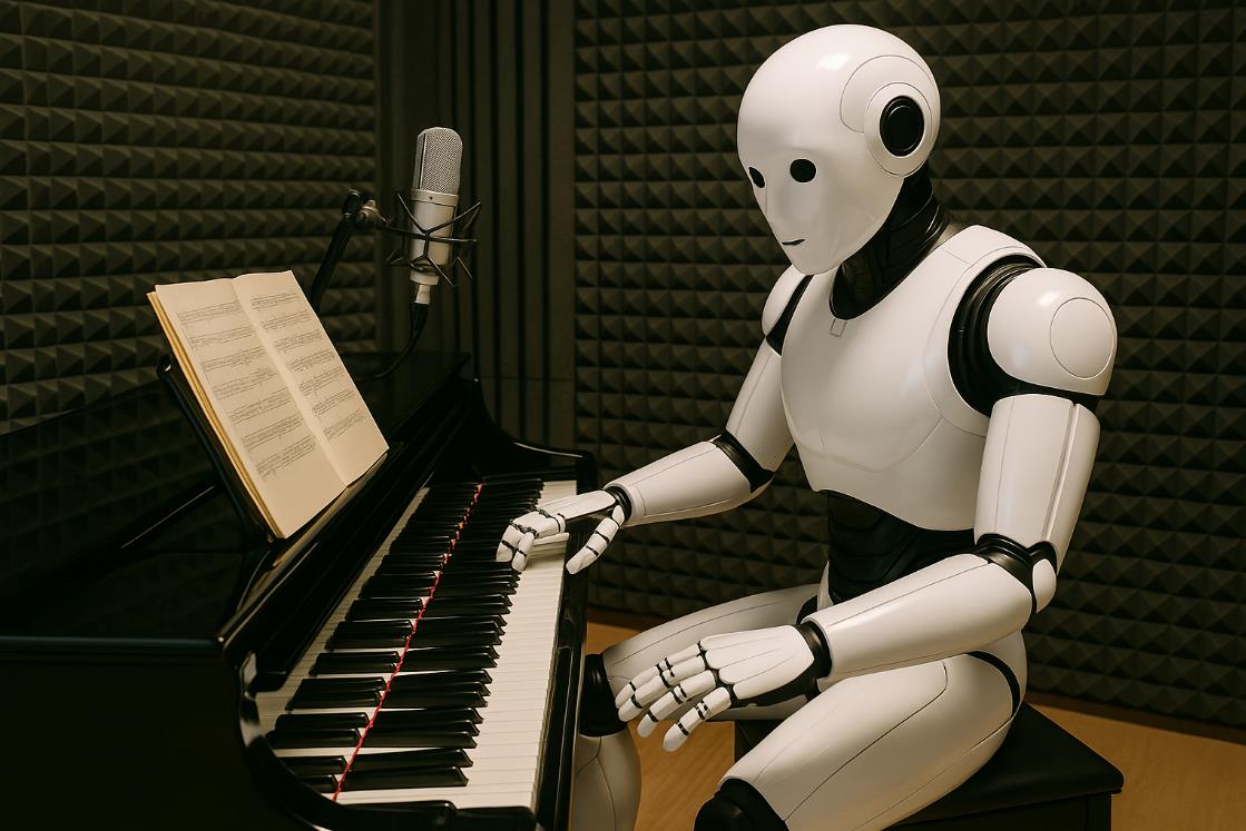 AI 로봇이 피아노 앞에서 스스로 작곡한 음악을 연주하는 모습
