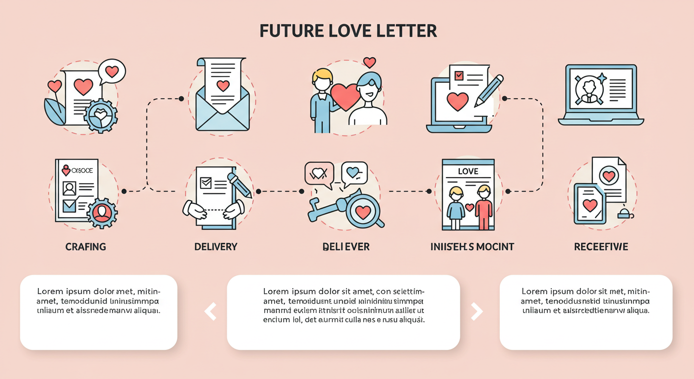 컨텍스트 수집→시점 프리셋→감정 톤 지정→금지어 필터→배치 생성→스코어링→리라이트→퍼블리싱으로 이어지는 미래 연애편지 생성 다이어그램
