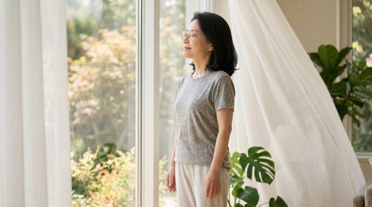 창가에서 불어오는 시원한 바람을 맞으며 눈을 감고 차분하게 심호흡과 명상을 하는 중년 여성의 측면 모습