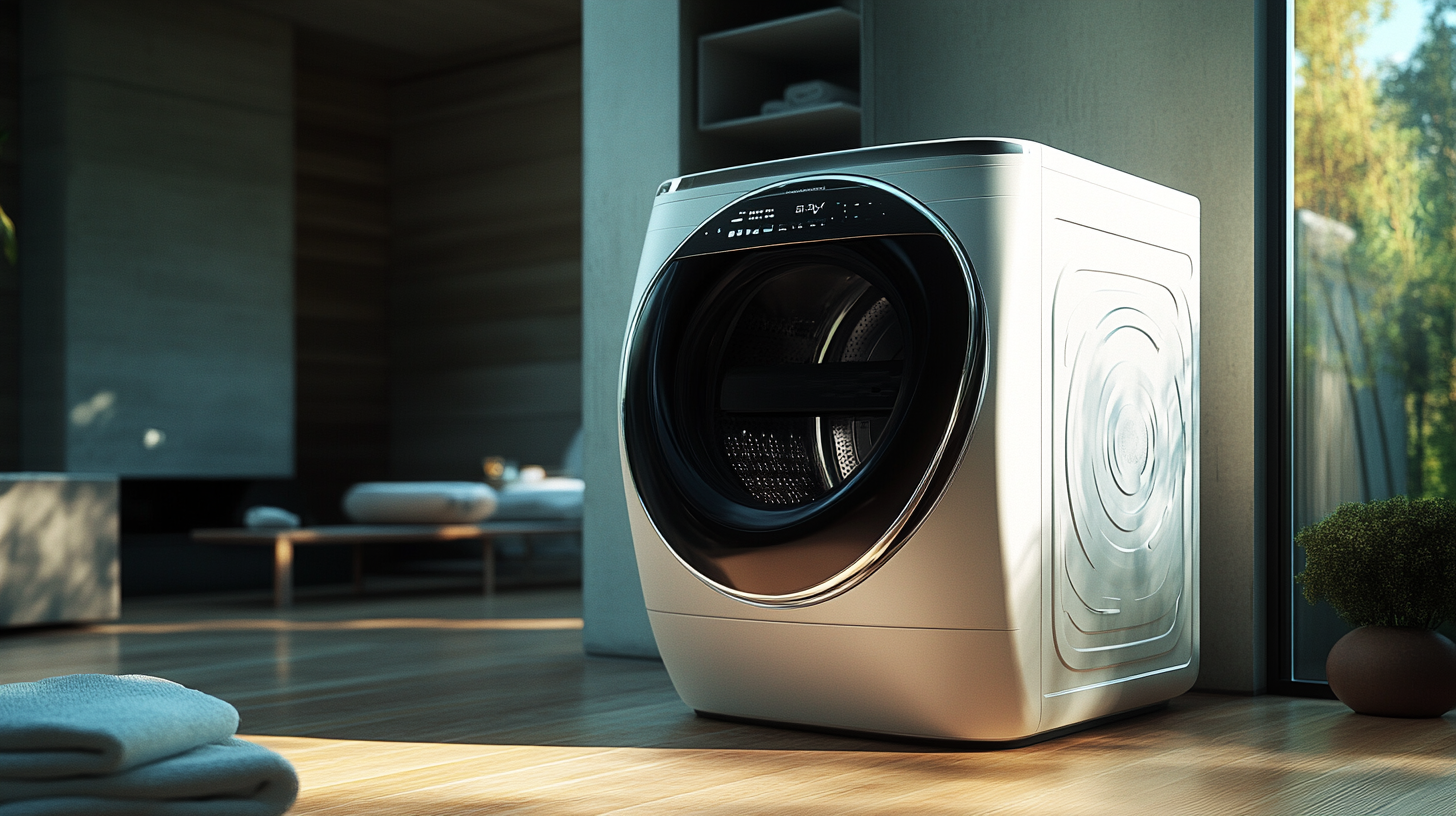 미래지향적인 디자인과 대용량을 갖춘 삼성 비스포크 AI 콤보 세탁기가 현대적이고 깔끔한 가정의 세탁실에 설치된 모습입니다.