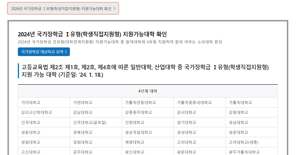 2024년 국가장학금 Ⅰ유형(학생직접지원형) 지원가능대학 확인