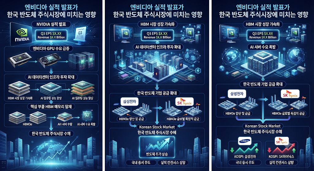 엔비디아 실적과 국내 반도체주 사이의 연결 구조를 보여주는 AI 반도체 투자 인포그래픽
