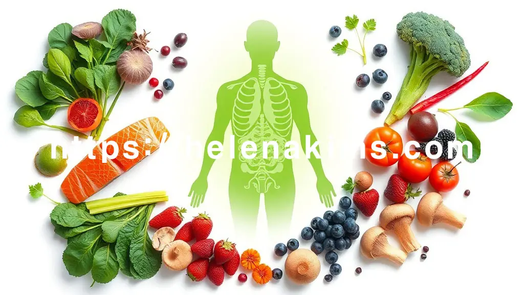 깨끗한 흰색 배경 중앙에 부드러운 녹색 빛을 발하는 인체 장기 윤곽선. 주변에는 오메가3를 상징하는 신선한 연어 조각, 다양한 항산화 채소(시금치, 브로콜리)와 베리류 과일이 놓여 있는 이미지.