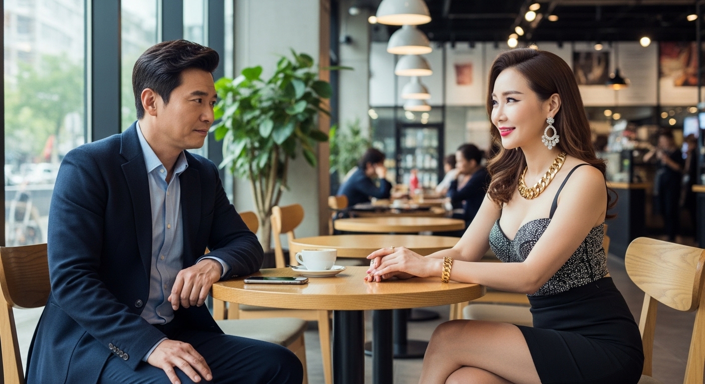 50대 은퇴한 솔로남이 매칭앱을 통해 만난 이성과 카페에 앉아 만남을 가지는데 이성의 화려한 겉모습을 조금 조심스러워 하는 모습