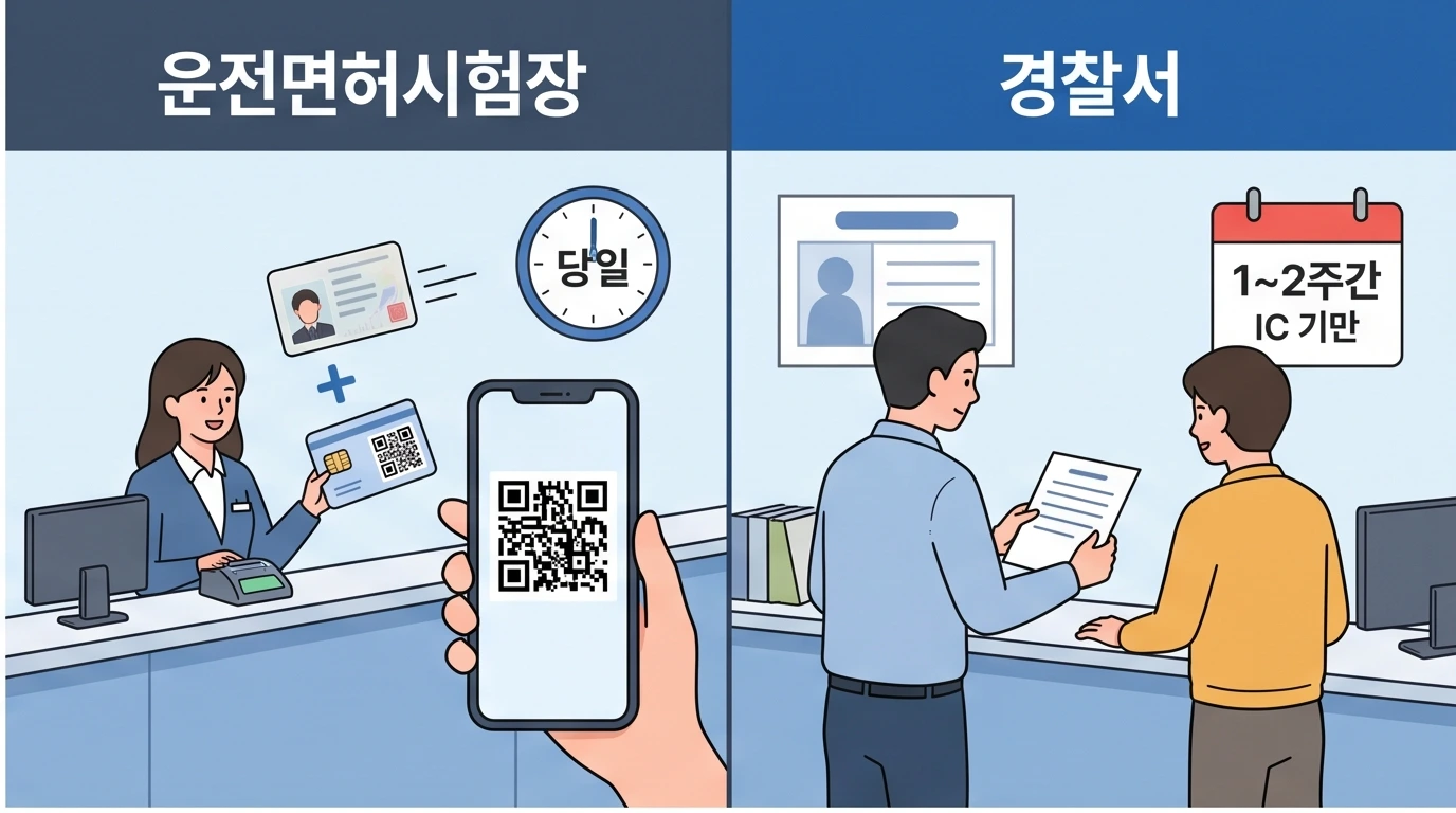 운전면허시험장 당일 현장 QR코드 발급 방식과 경찰서 IC 면허증 신청 후 1~2주 수령 방식을 비교하는 안내 일러스트