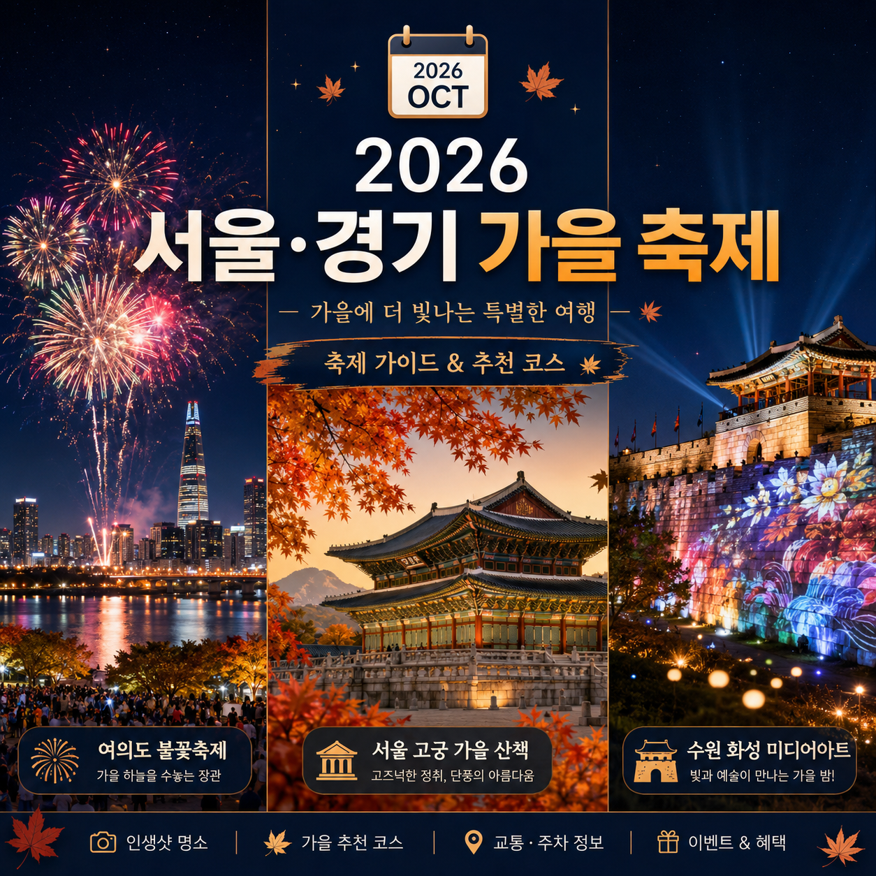 2026 서울 경기 가을 축제 일정과 서울세계불꽃축제 궁중문화축전 수원화성 미디어아트를 정리한 이미지