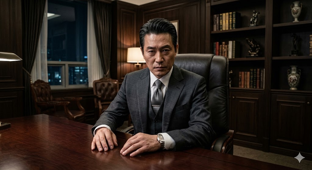 A middle-aged man in an immaculate, sharp tailored suit sitting in a luxurious, dark-toned office, staring directly ahead with a chilling, ruthless expression.