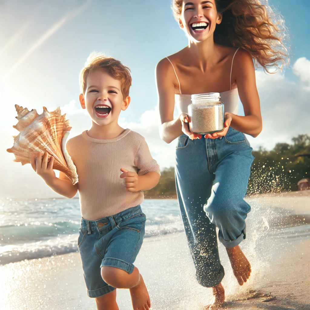 엄마와 아기가 조개를 들고 해변을 뛰노는 사진