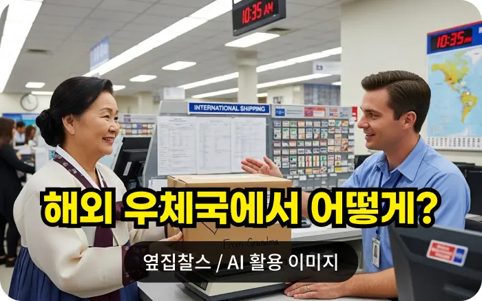 해외 우체국에서 직원에게 소포를 보내는 할머니
