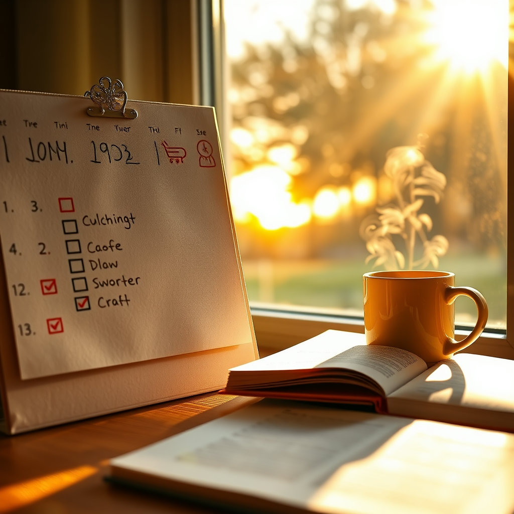 체크리스트가 붙은 달력과 커피잔 옆 책 한 권 , 해가 떠오르는 창문, 아침 햇살이 들어오는 따뜻한 느낌