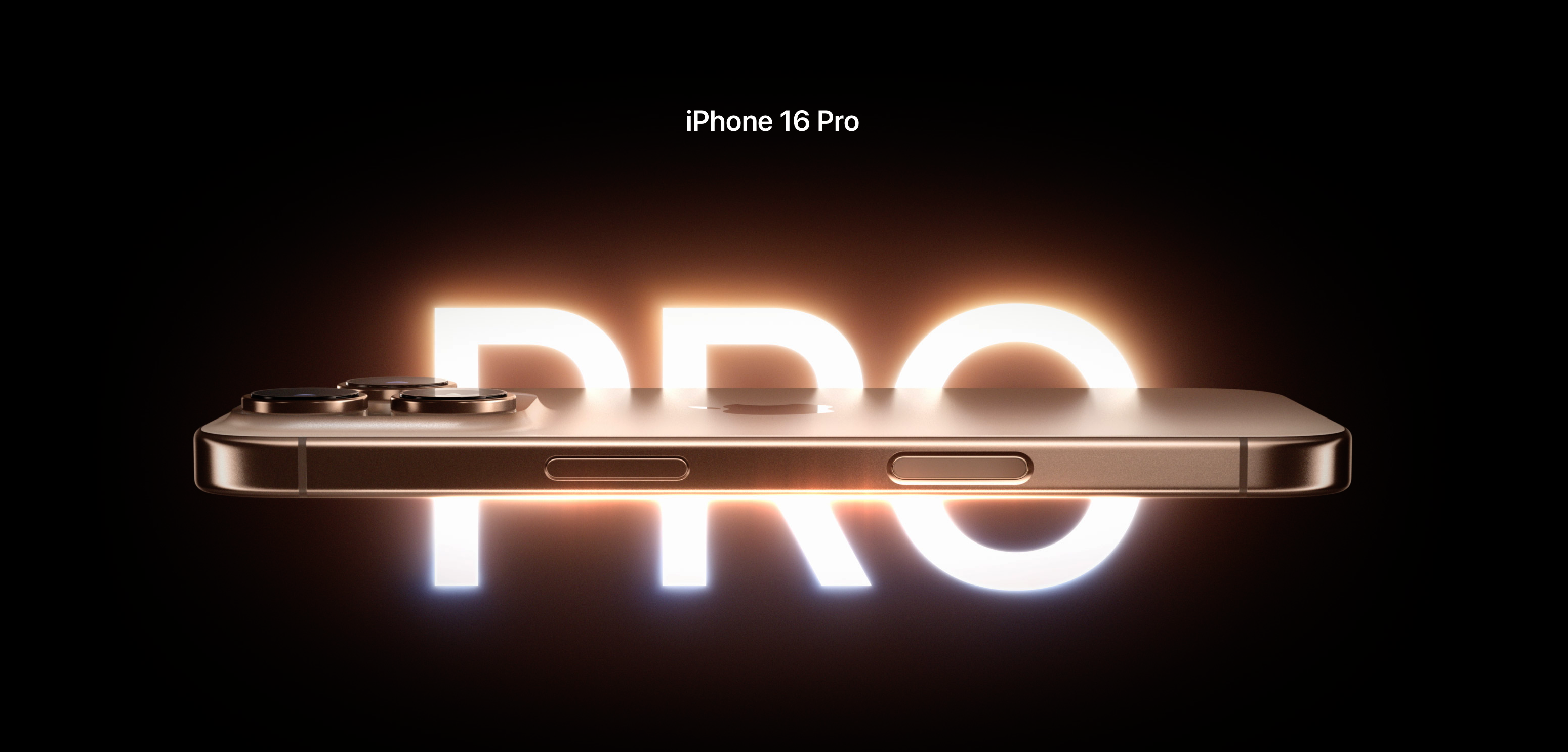 아이폰 16 Pro 라인업을 소개하는 아이폰 16 Pro 옆 면과 Pro 글씨가 겹쳐져 있는 소개 이미지