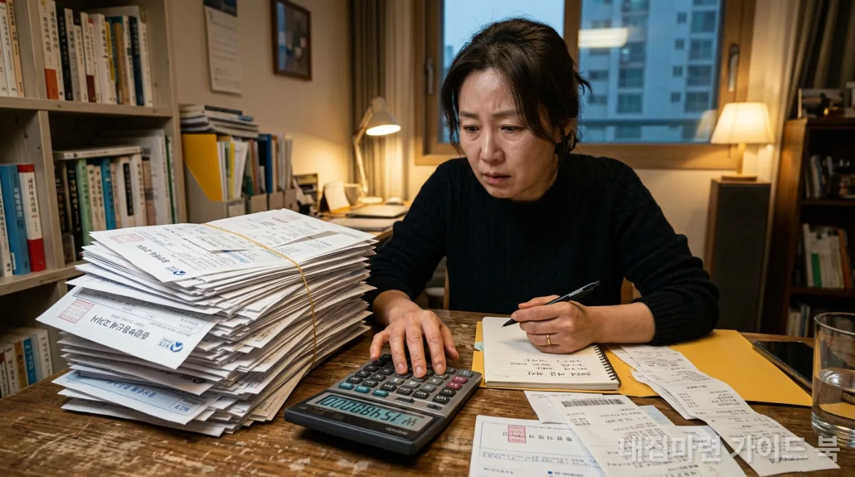 쌓여있는 세금 고지서와 계산기를 보며 고민하는 한국인 투자자