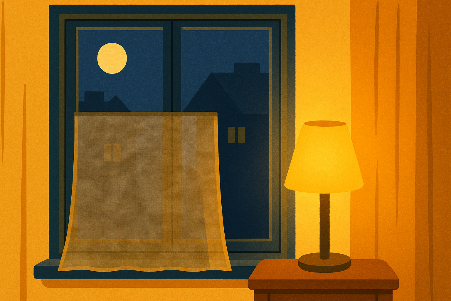 노란빛 조명이 켜진 방 안에서 바라본 야간 창문 &ndash; 전구색 조명이 모기 유입을 막는 분위기를 연출함