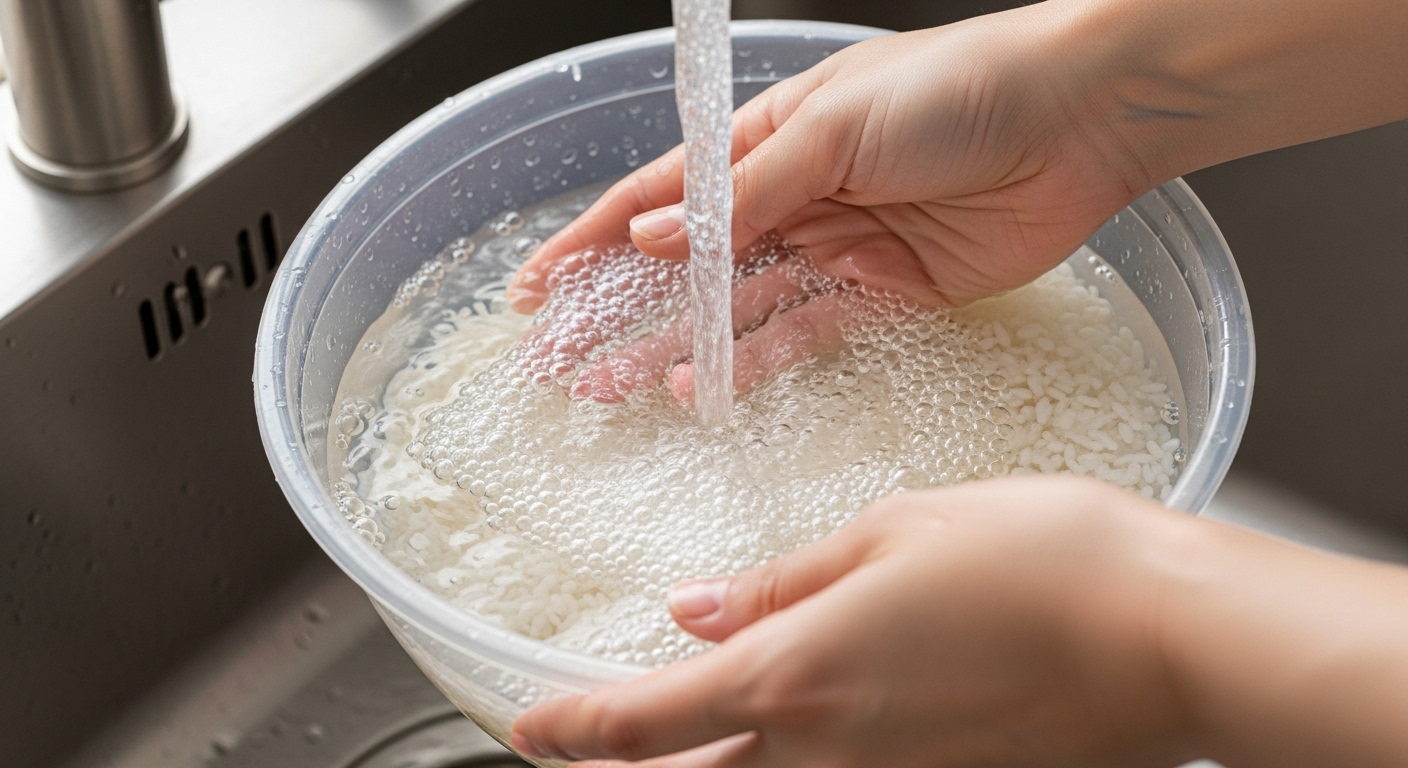 플라스틱 통에서 쌀을 씻는 장면