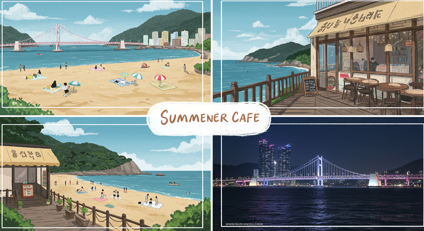 해운대 해변과 감성 카페, 광안대교 야경이 어우러진 부산 여름 여행 일러스트